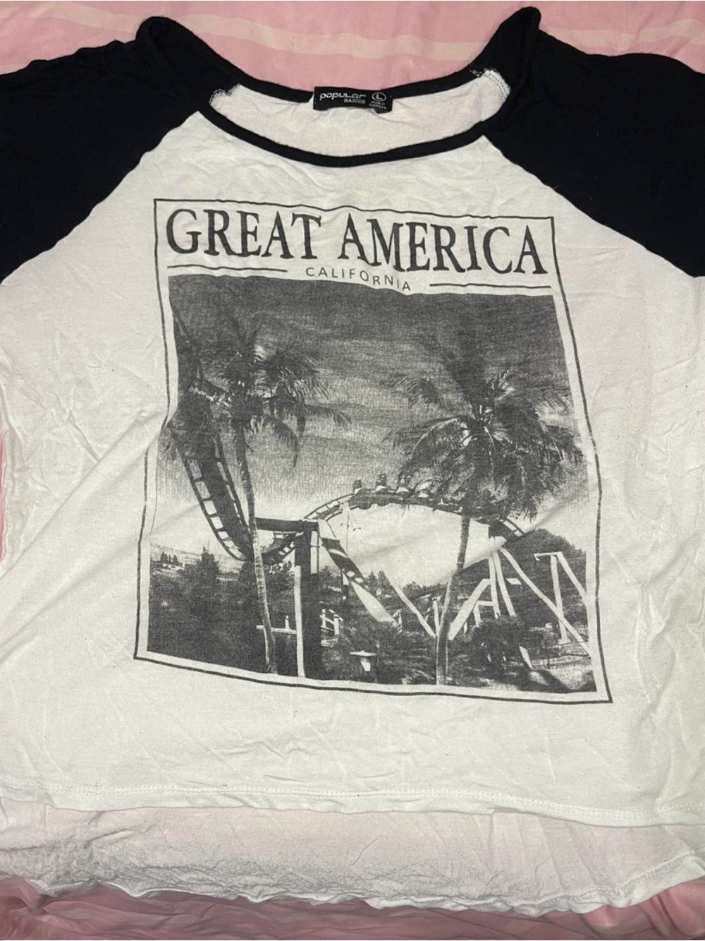 Popular Basics White Tee with Black Trim and Monochrome Print